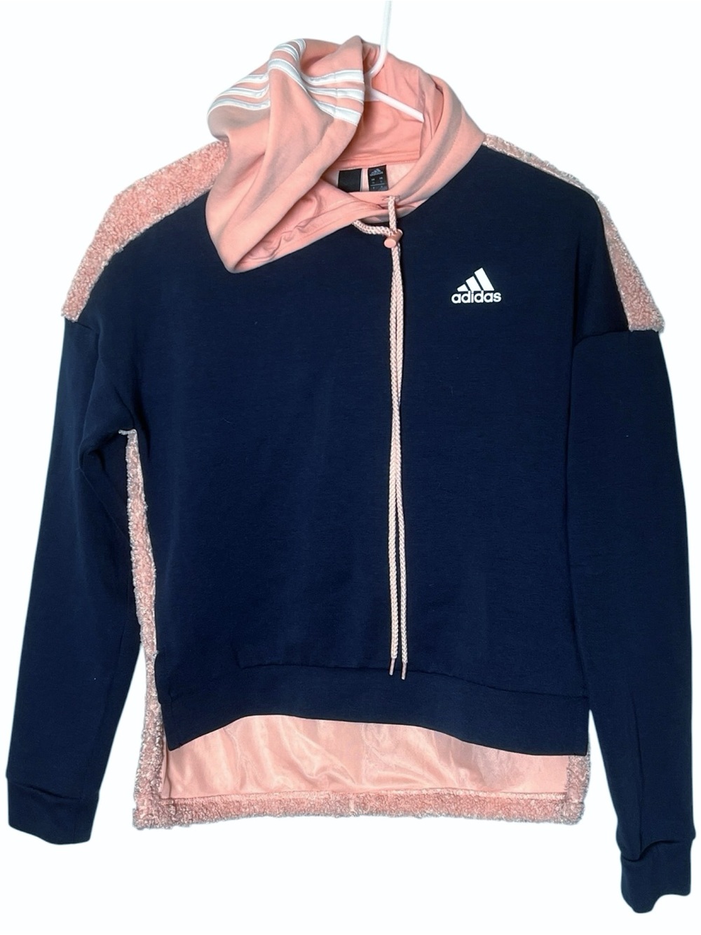 Adidas peachy pink & navy blue multi texture hi/lo hem hoodie size S